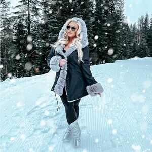 Chic Black and Gray Faux Fur women winter fur hood  Trimmed Coat